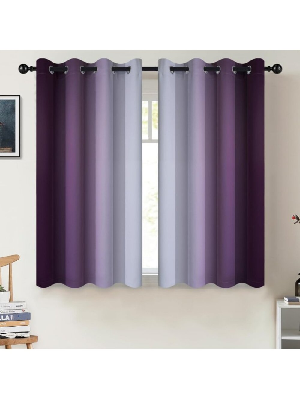 Ombre Purple Room Darkening Curtains, Grommet Top, 52x45 Inches, Stylish Home